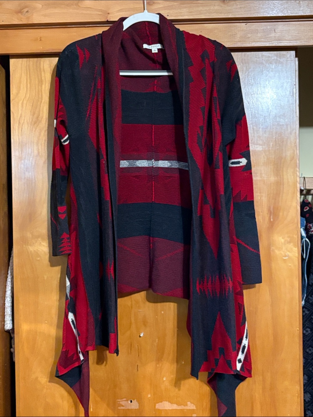 Foxcroft Red and Black Aztec Open-Front Cardigan